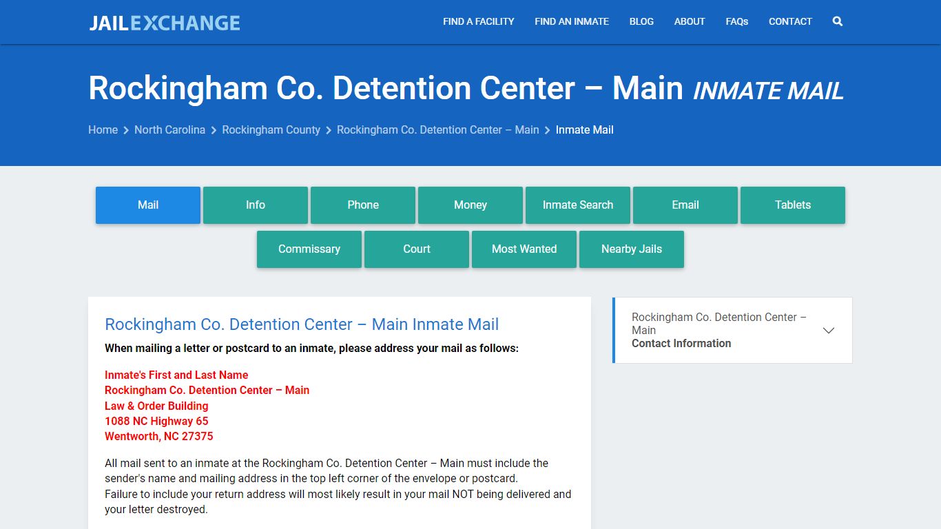 Inmate Mail - Rockingham Co. Detention Center – Main, NC - Jail Exchange